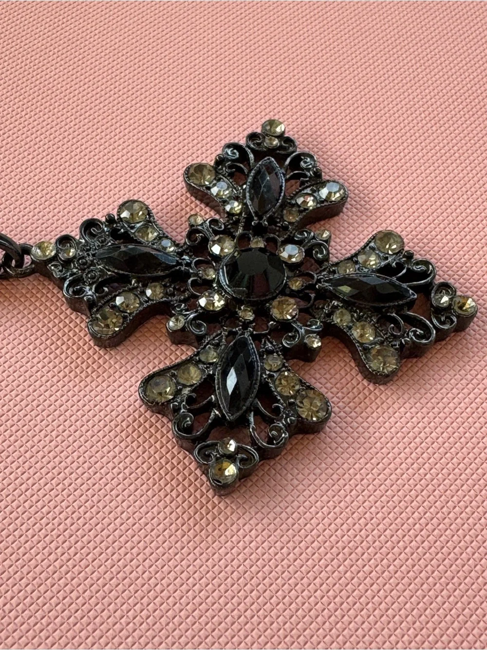 Black Crystal-like Jeweled Cross Pendant Necklace Chain. 15 inch Costume Jewelry